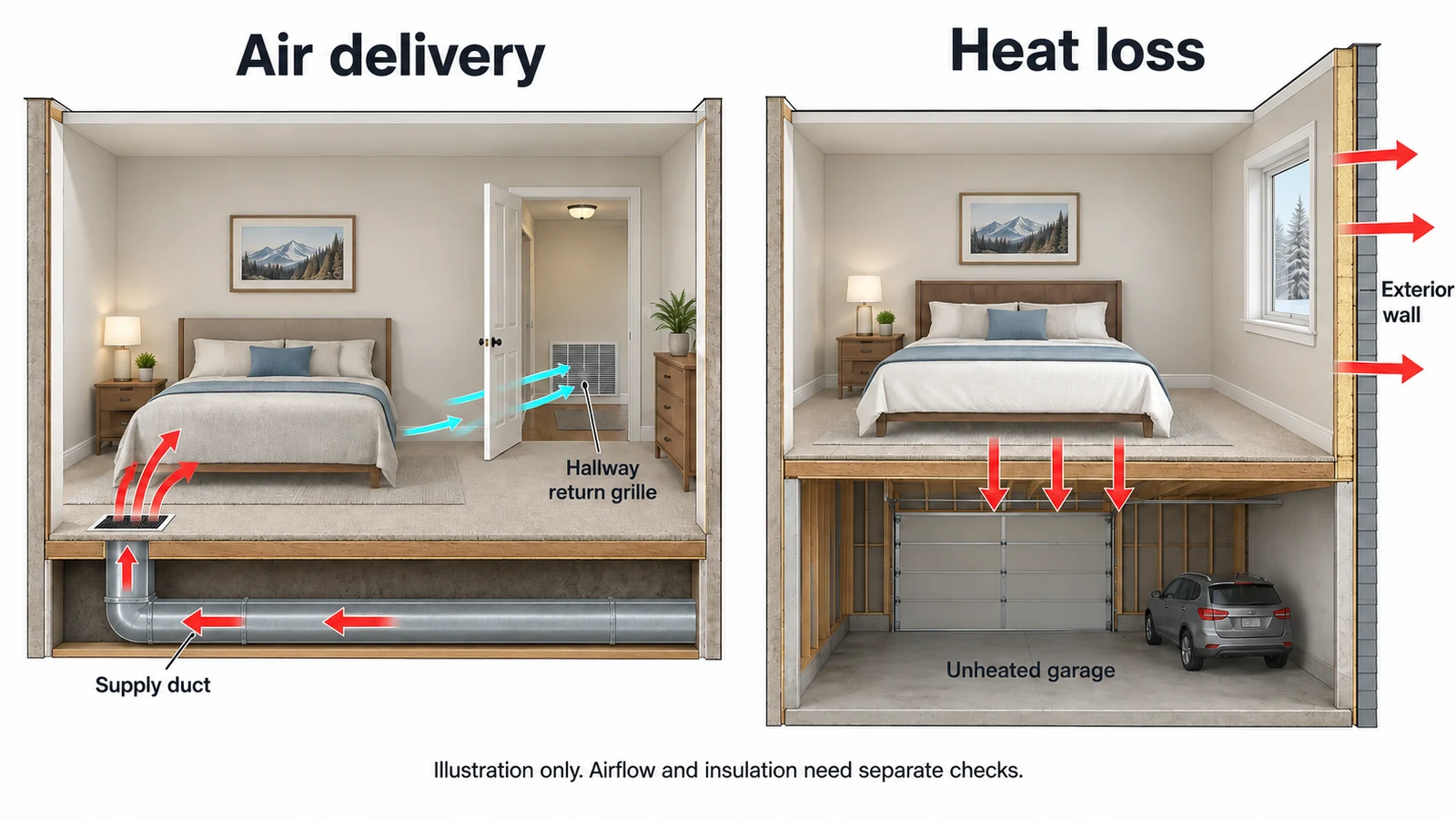 Cutaway contrasting supply air and a hallway return path with heat leaving a bedroom through an exterior wall and a floor over an unheated garage