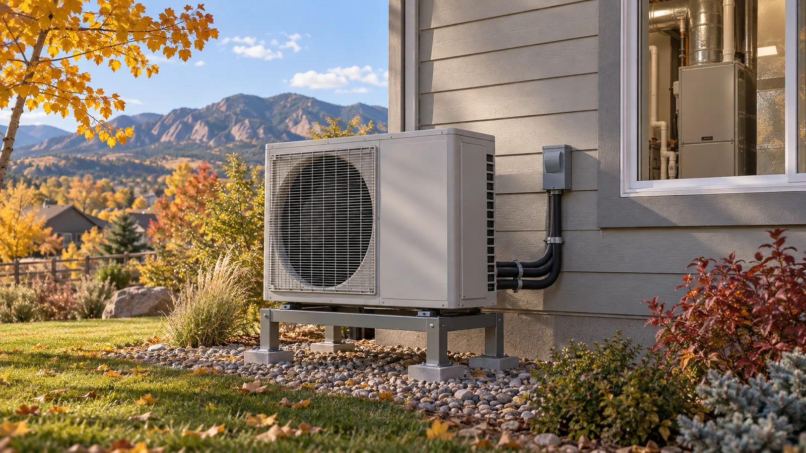 Air-source heat pump beside a Colorado home with a furnace visible in the utility room