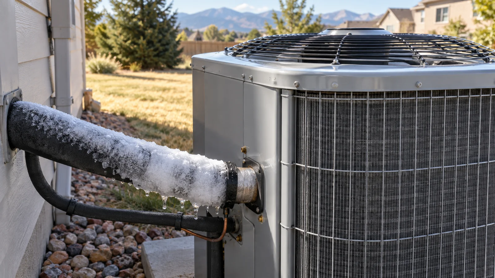 Frost on an air conditioner's refrigerant line beside a Colorado home in summer