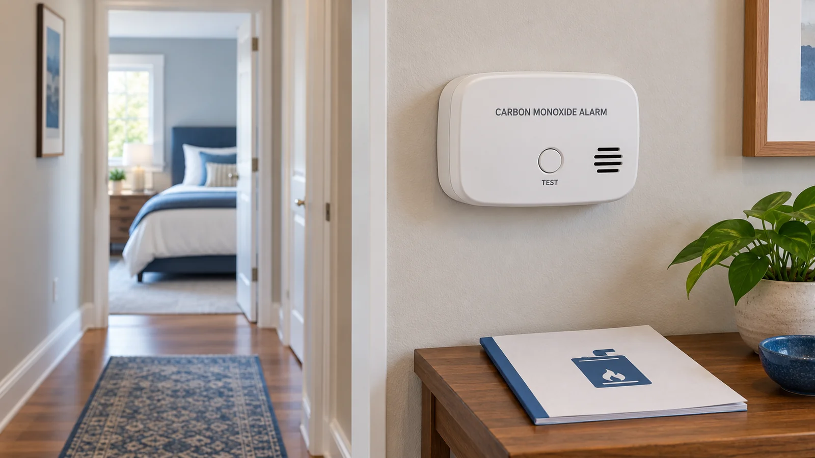 Illustration of a carbon monoxide alarm outside a bedroom, with a service booklet nearby and no diagnostic reading displayed