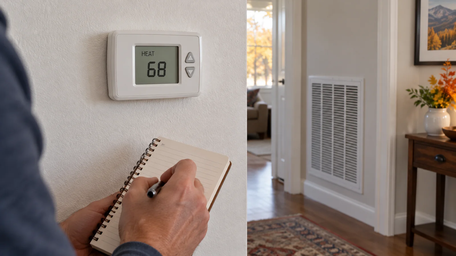 Homeowner recording thermostat observations near an unobstructed return-air grille