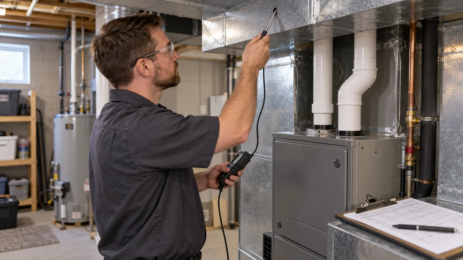 Technician measuring supply-air temperature above a closed furnace in a basement