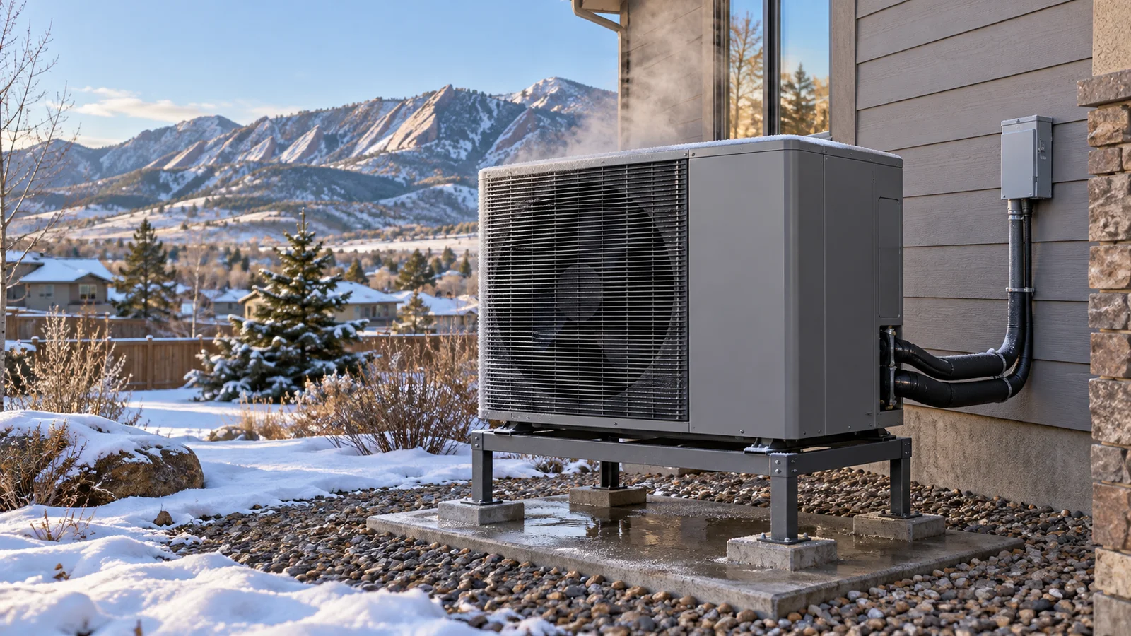 Raised outdoor heat pump with light frost and a small defrost vapor plume beside a Colorado home