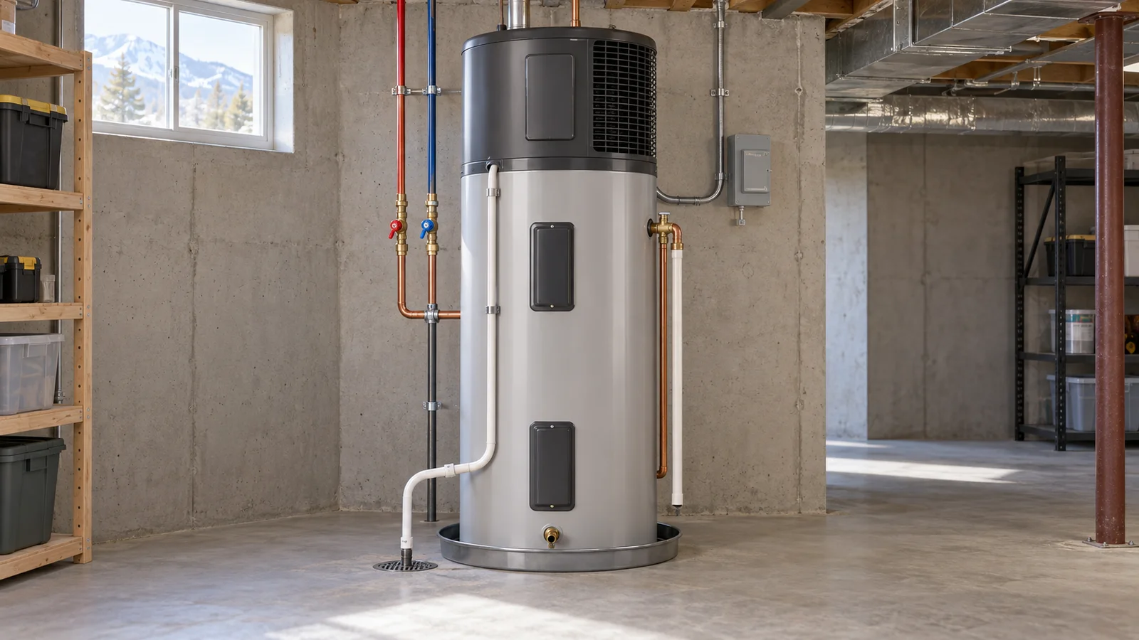 Heat pump water heater with clear service space in a Colorado basement utility room