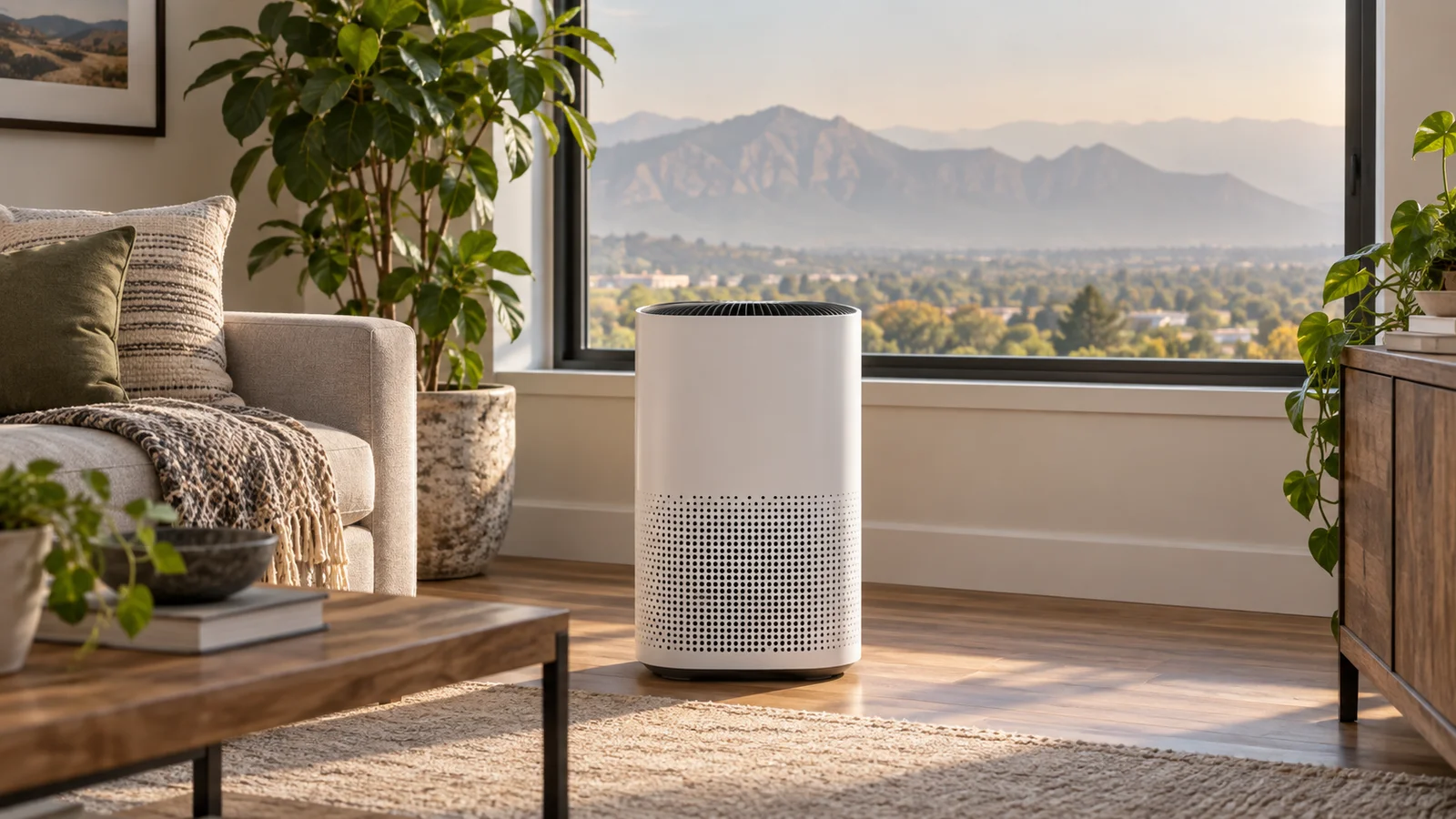 Portable air cleaner beside a closed window overlooking hazy Colorado foothills