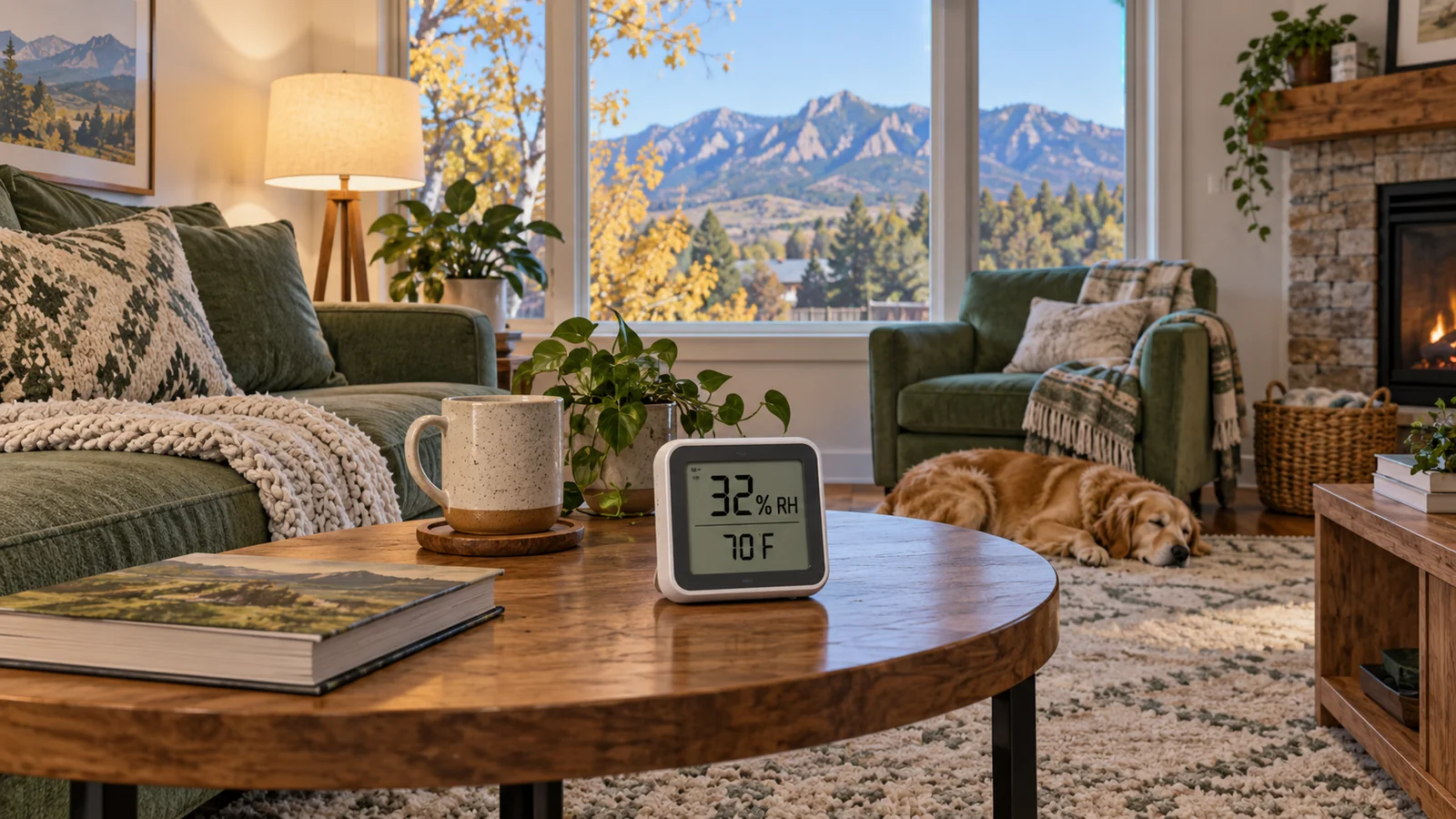 Illustrated hygrometer on a living-room table with clear windows overlooking Colorado foothills in autumn