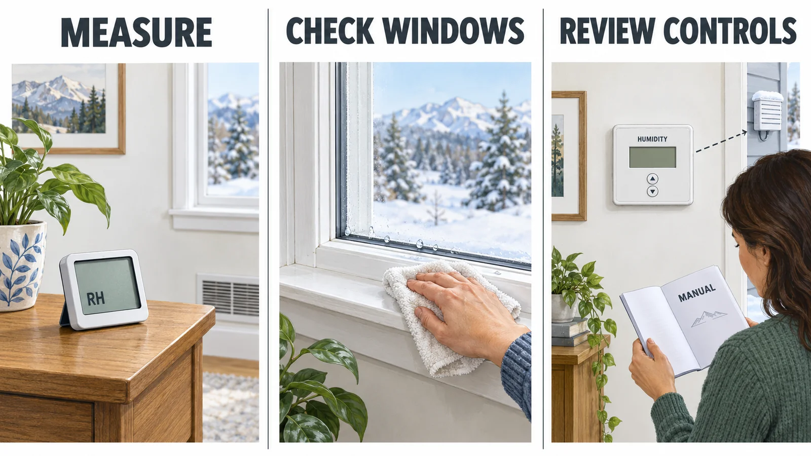Three-step illustration showing a room hygrometer, a window checked for condensation, and a homeowner reviewing humidity-control instructions