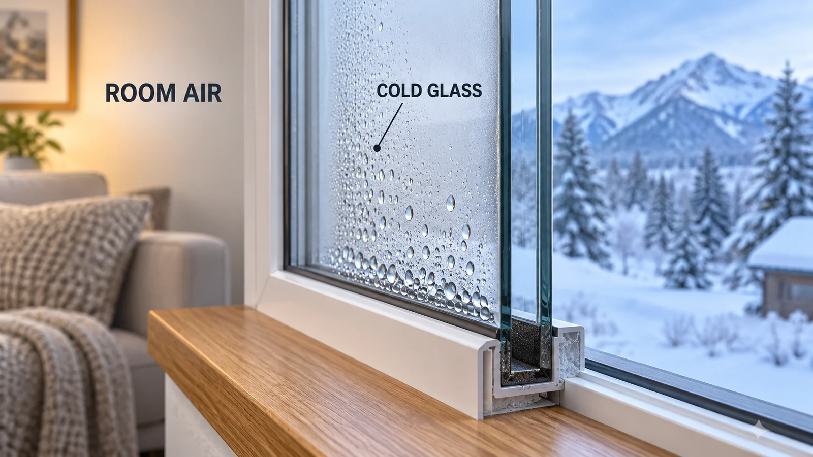 Illustrated window cutaway showing water droplets on the room-facing surface of cold glass, not between the panes