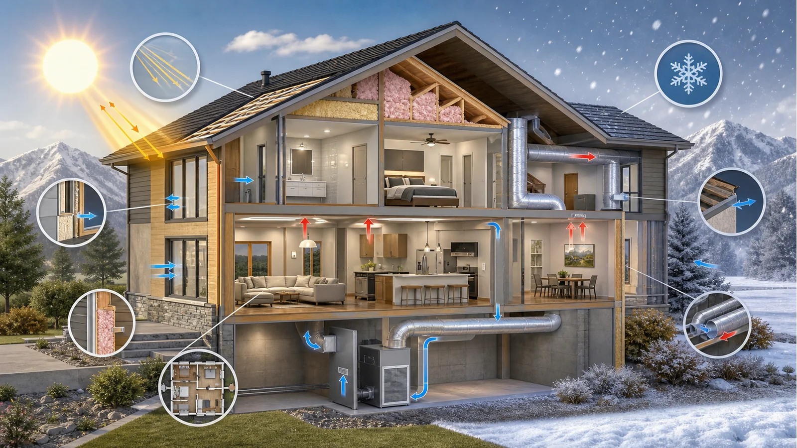 Cutaway illustration of Colorado home HVAC load calculation factors
