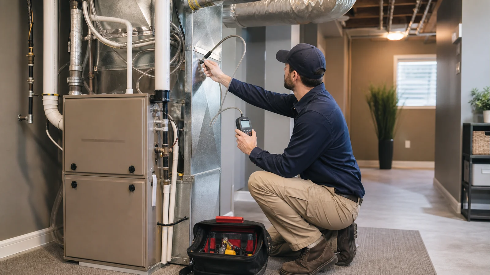 HVAC technician measuring static pressure in a Colorado home mechanical room