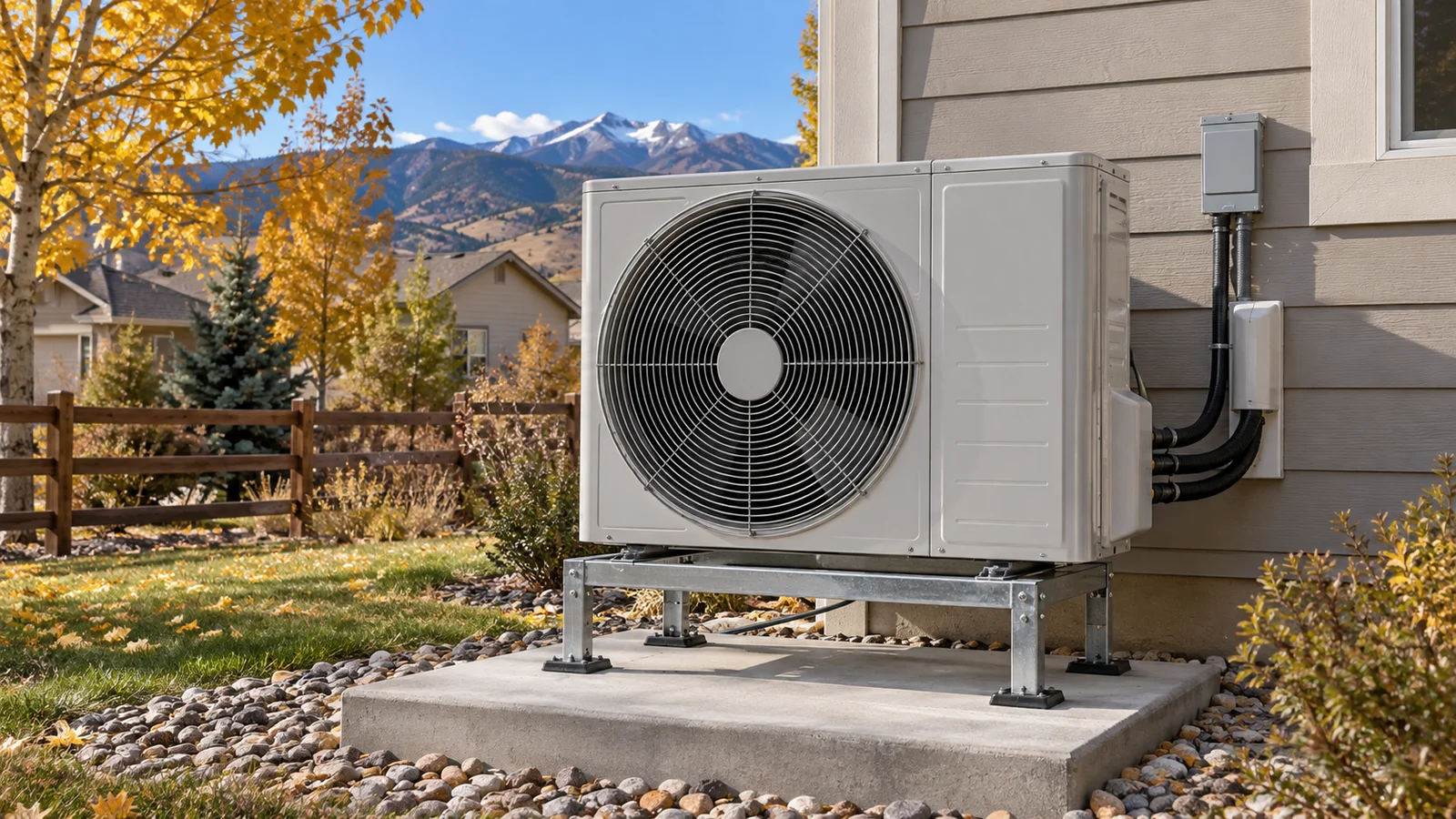 Cold-climate heat pump on an elevated stand beside a Colorado home in autumn